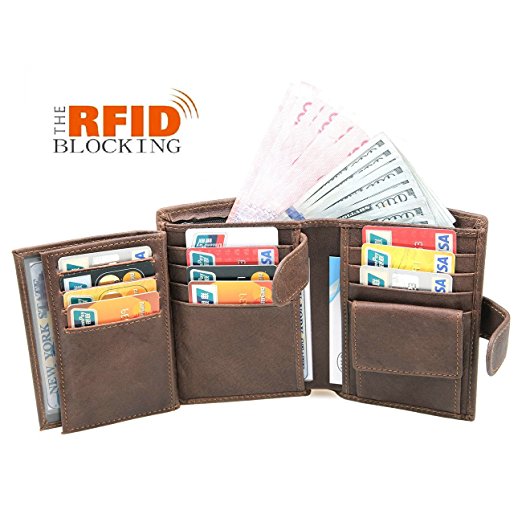 JSLOVE Rfid Blocking Men's Multi-bit Leather Flipout ID Window Bifold Wallet