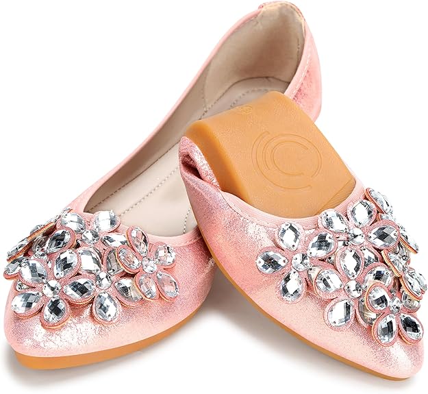 KUNWFNIX Women Ballet Flats Rhinestone Wedding Ballerina Shoes Foldable Sparkly Comfort Slip on Flat Shoes