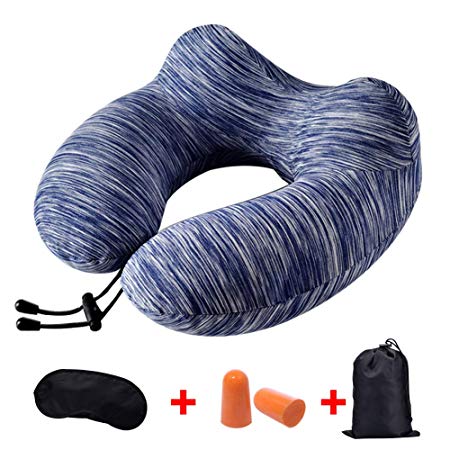 Aogist Inflatable Travel Neck Pillow with Ear Plugs, Eye Mask, Drawstring Bag and Soft Velvet Neck Support