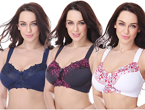 Curve Muse Plus Size Minimizer Unlined Wireless Bra with Lace Embroidery-3Pack