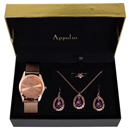 Gifts For Women - Best Gift for Mom Wife Girlfriend Birthday Graduation Anniversary - Appolus Watch Necklace Earrings Ring Set (RoseGold-PurpleStones)