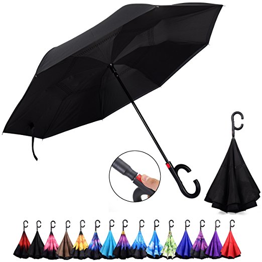 Dryzle Auto Open Reverse Folding Rain & Sun Umbrella – Best UV and Windproof Umbrellas for Women and Men - Unique C Hook Handle for Sports & Golf
