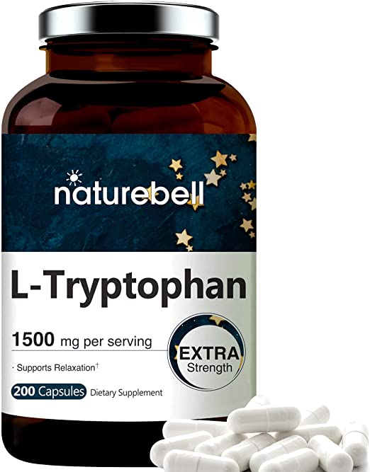 Maximum Strength L-Tryptophan 1500mg Per Serving, 200 Capsules, Supports Restful Sleep and Relaxation, Non-GMO and Made in USA