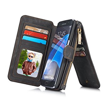 Galaxy S7 edge Wallet Case, Retro Genuine Leather Case for Samsung Galaxy S7 edge, Flip Card Holder Zipper [2 in 1], Black