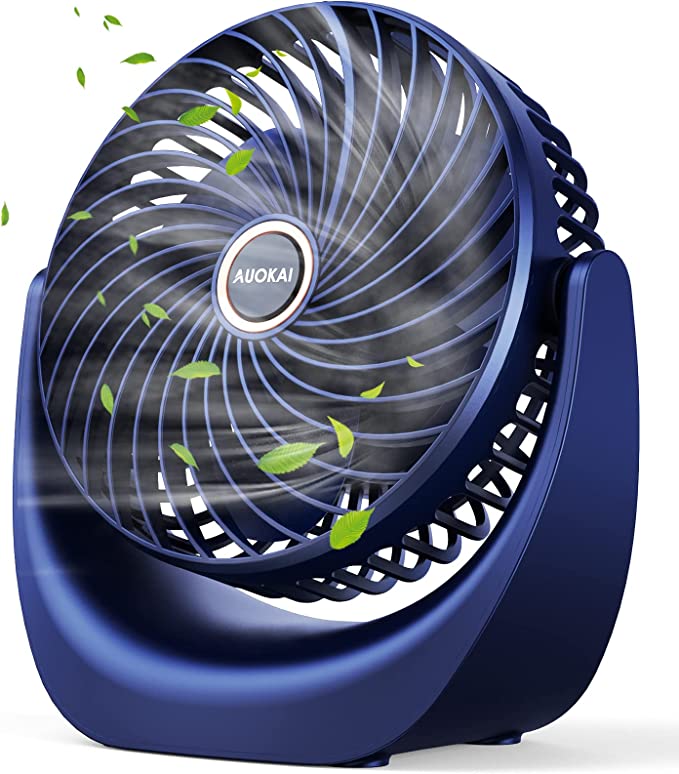 AUOKAI USB Desk Fan, Small Desktop Table Cooling Fan with 4000mAh Rechargeable Battery,5 Speeds Portable Personal Fan, 360° Rotatable Strong Wind Quiet Mini Fan For Office Bedroom Home Camping (Blue)