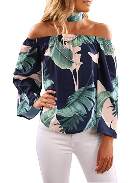 FARYSAYS Women's Striped 3/4 Bell Sleeve Off The Shoulder Front Tie Knot T Shirt Tops Blouse