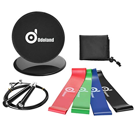 Odoland Gliding Discs Core Sliders with 4 Resistance Loop Exercise Bands and Adjustable Jump Rope, come with Carry Bag for Abdominal Exercise Boxing MMA Fitness Training