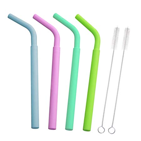 GFDesign Silicone Drinking Straws Set Reusable Soft Safe Food-Grade Silicone Adults and Kids for Smoothies and Shakes Heat Resistant for Coffee and Tea - Extra Wide - Set of 4 with 2 Cleaning Brushes
