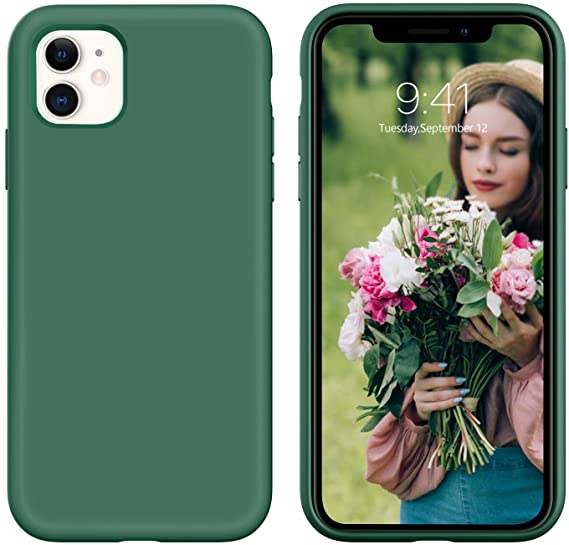 iPhone 11 Case, DUEDUE Liquid Silicone Soft Gel Rubber Slim Cover with Microfiber Cloth Lining Shockproof Full Body Protective Anti Scratch Case for iPhone 11 6.1 for Women Men, Pine Green