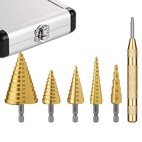 Step Drill, Tacklife PDH06A Titanium Coated HSS Step Drill Bit Set with 127mm Automatic Center Punch, (4-12mm, 3-13mm, 3-19mm, 5-22mm, 8-35mm) Steps, Aluminum Case Included