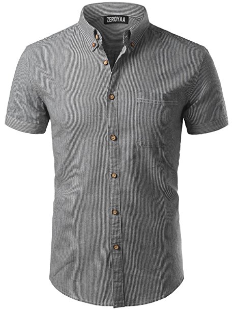 Mens Casual Pinstripe Slim Fit Short Sleeve Button Down Shirts with Pocket/ Striped Tops