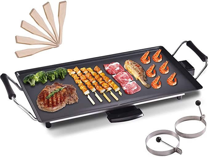 COSTWAY 48 x 27 cm Electric Teppanyaki Table Grill, BBQ Barbecue Griddle, Non-Stick Hot Plate, Spatulas and 2 Egg Rings Included 2000W