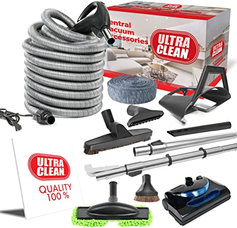 Ultra Clean Central Vacuum Electric Accessory Kit with Universal Powerhead – Hose and Deluxe Attachments (Black, 30 ft)