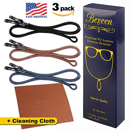 Eyeglasses Chains PREMIUM ECO LEATHER [Pack of 3 Cords  1 Cleaning Cloth] Eyeglasses Chain | Cords| Holder | Retainer | Glasses Strap | Lanyard Glasses Holder For Car