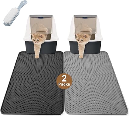 Odoland 2PCS Cat Litter Mat Litter Trapping Mat, Cat Litter Box Mat Scatter Control, Silicone Pet Litter Tray Mat Waterproof Durable Non-Slip Washable Cat litter Pad, 53x38cm-Grey & Black