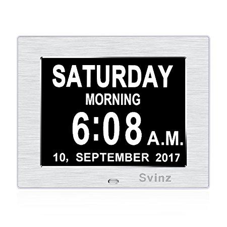 Upgraded-Dual Alarm Clock -Svinz Memory Loss Day Clock Digital Calendar - Extra Large Non-Abbreviated Day & Month - Excellent for Impaired Vision SDC006 -Brushed Silver