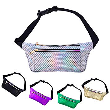 iAbler Holographic Fanny Pack for Women and Men Metallic 80s Shiny Fanny Packs with Adjustable Belt Fashion Waist Bum Bag for Party, Festival, Rave, Hiking, Trip