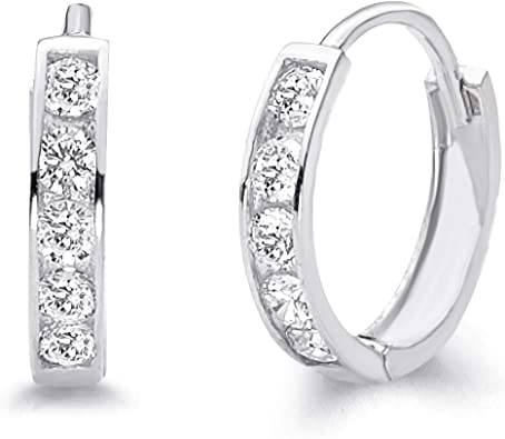 14k REAL White Gold 2mm Thickness CZ Channel Set Hoop Huggie Earrings - 3 Differnet Size Available