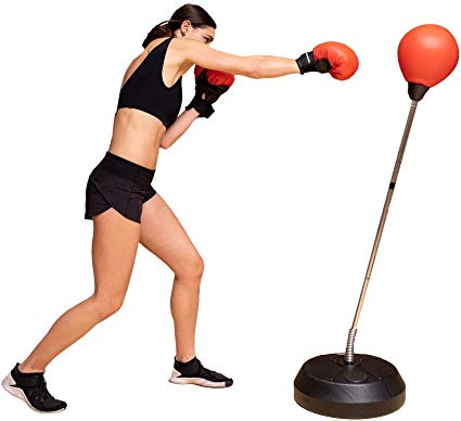 Protocol Boxing Ball Set with Punching Bag, Boxing Gloves, & Adjustable Height Stand - Strong Durable Spring Withstands Tough Hits for Stress Relief & Fitness