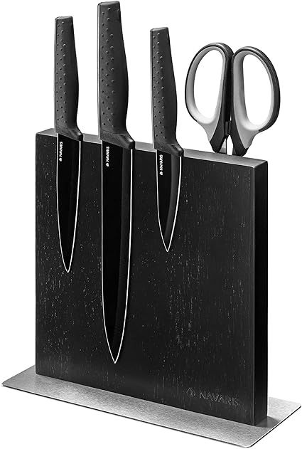 Navaris Rubberwood Magnetic Knife Block - Double Sided Magnetic Knives Holder - Board Stand for Kitchen Knives Scissors - Organizer for Metal Utensils - Black 8.9 x 8.7 in