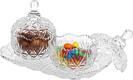 Clear Glass Crystal Design 8 oz Sugar Bowls Set & Tray / Decorative Candy Dishes, 3 Piece Set - MyGift