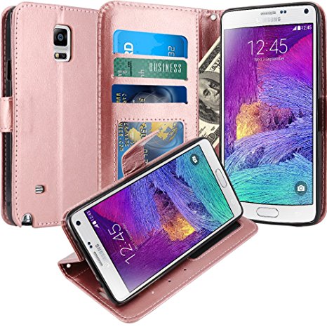 Note 4 Case, LK Galaxy Note 4 Wallet Case, Luxury PU Leather Case Flip Cover with Card Slots & Stand For Samsung Galaxy Note 4, ROSE GOLD