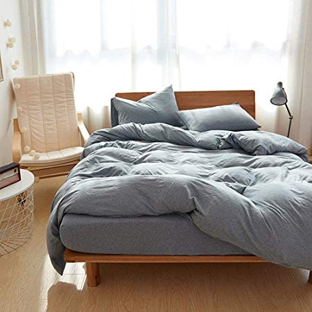 Bedding 3 Piece Duvet Cover Set Jersey Knit Cotton Ultra Soft Duvet Cover with Pillow Shams Solid Pattern Bedding Sets Comfy Blue Grey Queen Size