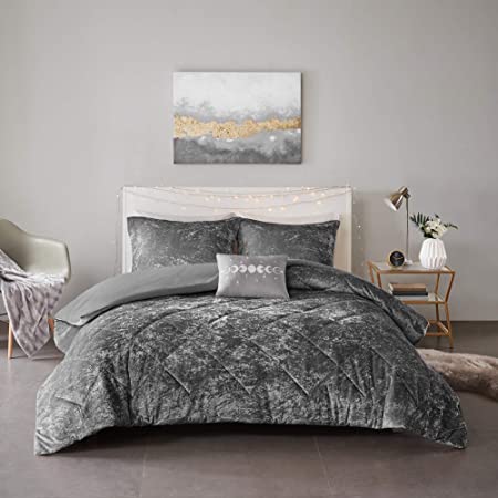 Intelligent Design Felicia Duvet Set Velvet Double Sided Diamond Quilting, Modern Glam All Season Comforter Cover Bedding Set with Matching Sham, Decorative Pillow, Full/Queen(88"x90"),Grey 4 Piece