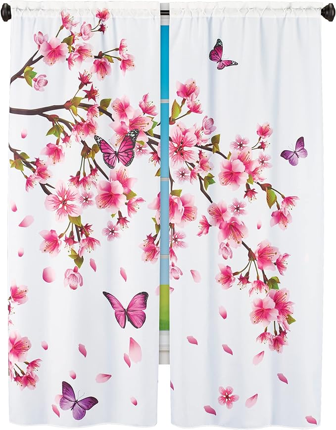 Collections Etc Butterfly Cherry Blossom Scene Curtain Panels - Set of 2