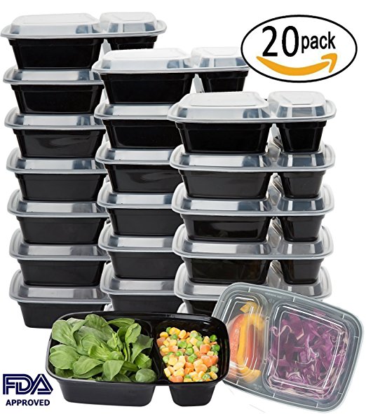 Meal Prep Containers 2 Compartment 20 Pack Food Prep Storage Containers with Lids,Portion Control Plastic Bento Lunch Box,Microwave,Dishwasher,Freezer Safe
