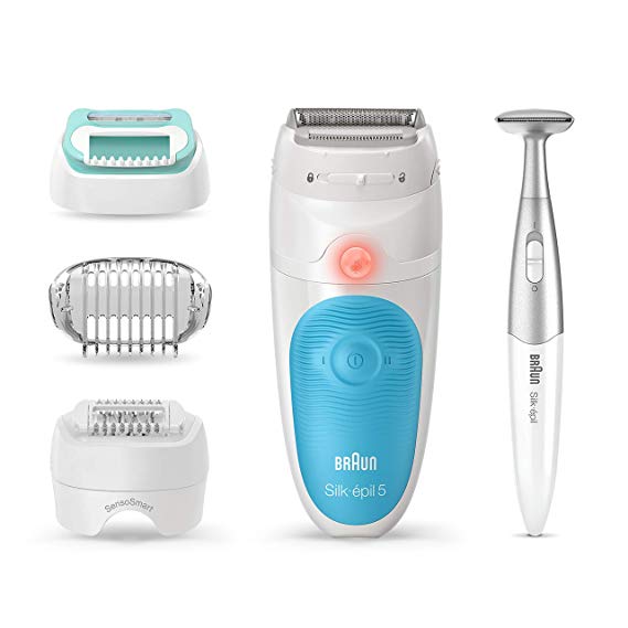 Braun Epilator for Women, Silk-épil 5 5-810 for Hair Removal, Wet & Dry, Bikini Trimmer, Womens Shaver & Trimmer, Cordless, Rechargeable, White/Turquoise