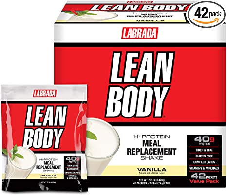 Lean Body MRP All-In-One Vanilla Meal Replacement Shake, 40g Protein, Whey Blend, 8g Healthy Fats EFA's & Fiber, 22 Vitamins and Minerals , No artificial color, Gluten Free, (42 Packets)