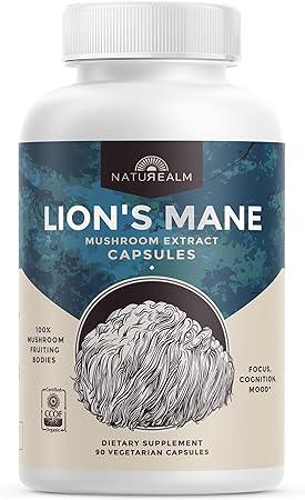Naturealm - Lion's Mane Capsules - Brain Health Superfood Supports Focus and Nerve Health, 90 Vegetarian Caps, 30-Day Supply