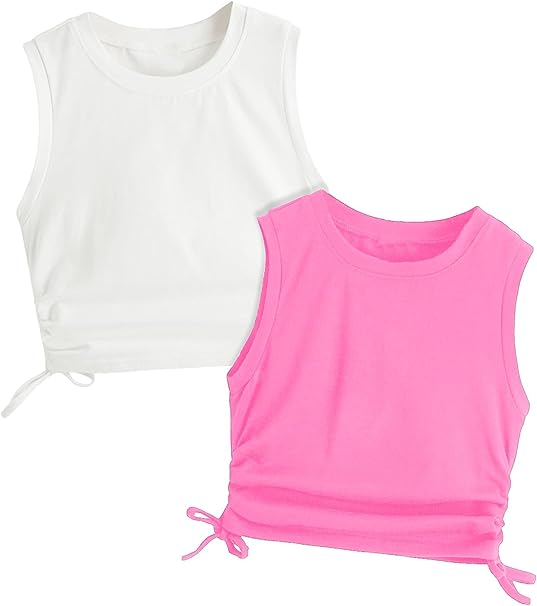 Milumia Girl's 2 Pack Ruched Knot Side Round Neck Sleeveless Basic Crop Tank Tops