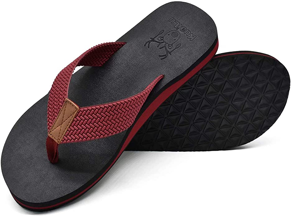 KUAILU Men's Yoga Mat Leather Flip Flops Thong Sandals with Arch Support
