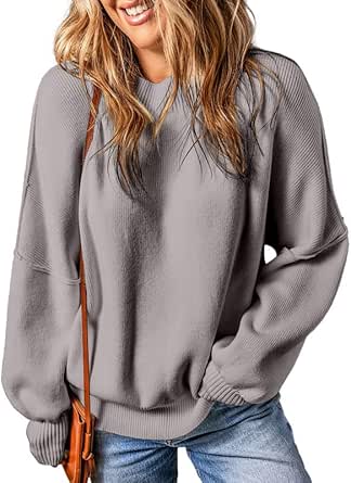 EVALESS Sweaters for Women Fashion 2024 Crewneck Batwing Sleeve Oversized Side Slit Ribbed Knit Pullover Sweater Tops