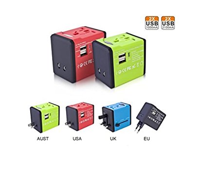 Travel Adapter with 2 USB Charger All in One Universal Plug Adapter Charger Over 150 Courties International Travel Power Plug Wall AC Adapter Universal AC Socket Outlet for Android and iOS Red