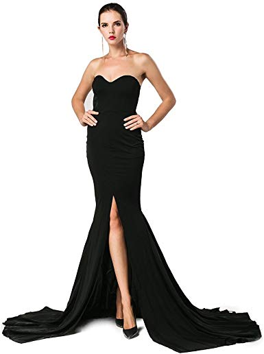 Miss ord Strapless Asymmetric Slit Front Wedding Evening Party Maxi Dress