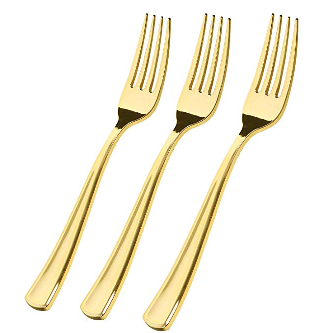 WDF 225 Gold Plastic Forks7.4inch - Heavyweight Disposable Gold Silverware-Perfect Plastic Utensils for Parties, Weddings and Catering Events