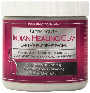 Pure Body Naturals - Bentonite Indian Healing Clay - 16 oz - 100% Pure Sodium Bentonite - Therapeutic Grade - Face Skin Care, Deep Skin Pore Cleansing, Detoxifying, Revitalization - Better Detoxifying Power Than Calcium Bentonite Clay Powder - Try Without Risk Today