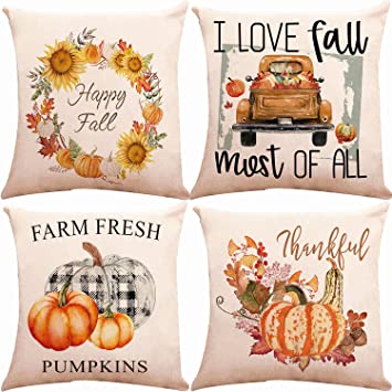 ZUEXT Autumn Pillow Covers 20 x 20 Inch, Set of 4 Cotton Linen Fall Pumpkin Throw Pillow Covers,Autumn Theme Decor Pillow Cushion Cases for Sofa Couch Bed Car 50x50 cm (Happy Harvest)