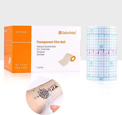 Tattoo Aftercare Bandage, Transparent Film Dressing Roll, Transparent Adhesive Bandage, 4in x 11yd, Shower Shield Dressing, Second Skin Waterproof,Soft, Conformable & Breathable by EalionMed