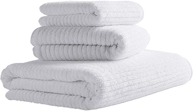 Rivet Ribbed Cotton Bath Towel Set, Set of 3, Bright White