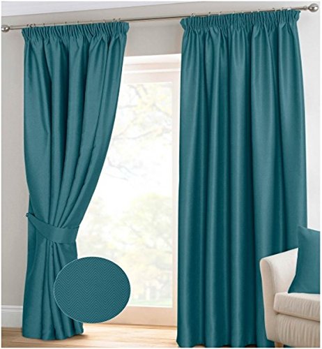 RAYYAN LINEN Thermal Pencil Pleat Blackout Tape Top Pair of Curtains Ready Made With Free Tiebacks (90" X 90!, Teal)