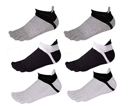 Men Cotton Low Cut Athletic Toe Socks 5 Finger No Show Mesh Wicking 6 Pack