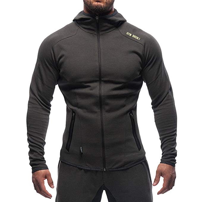 Broki Mens Gym Zip Hoodie Sweatshirts, Workout Bodybuilding Fitted Muscle Slim Fit Hoody Jacket With Pockets