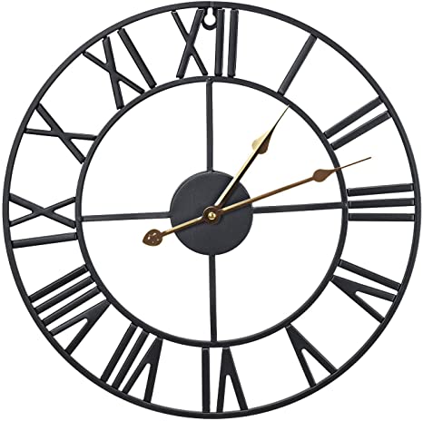Sorbus Wall Clock, 16" Round Oversized Centurian Roman Numeral Style Home Décor Analog Black Metal Clock, Gold Hands (Black)