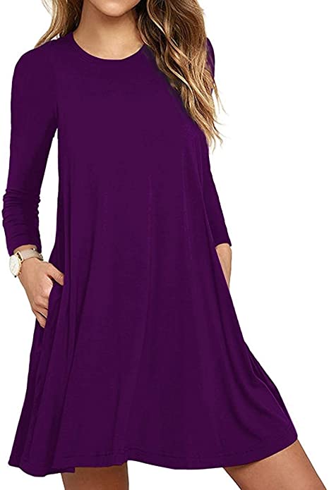 Unbranded Women's Long Sleeve Pocket Casual Loose T-Shirt Dress
