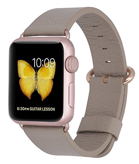 Apple Watch Band 38mm Women - PEAK ZHANG Grey Genuine Leather Replacement Wrist Strap with Rose Gold Adapter and Buckle for iWatch Series 3/ 2/ 1/Edition/Sport