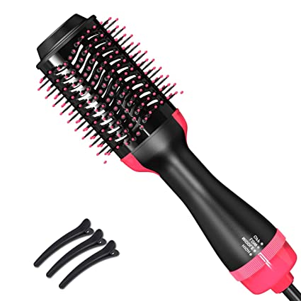 Hot Air Brush, One-Step Hair Dryer and Volumizer, 3-in-1 Upgrade Hair Dryer Brush with 3Pcs Hair Clips, Salon Negative Ion Ceramic Blow Dryer Brush for All Hair Types (Pink)